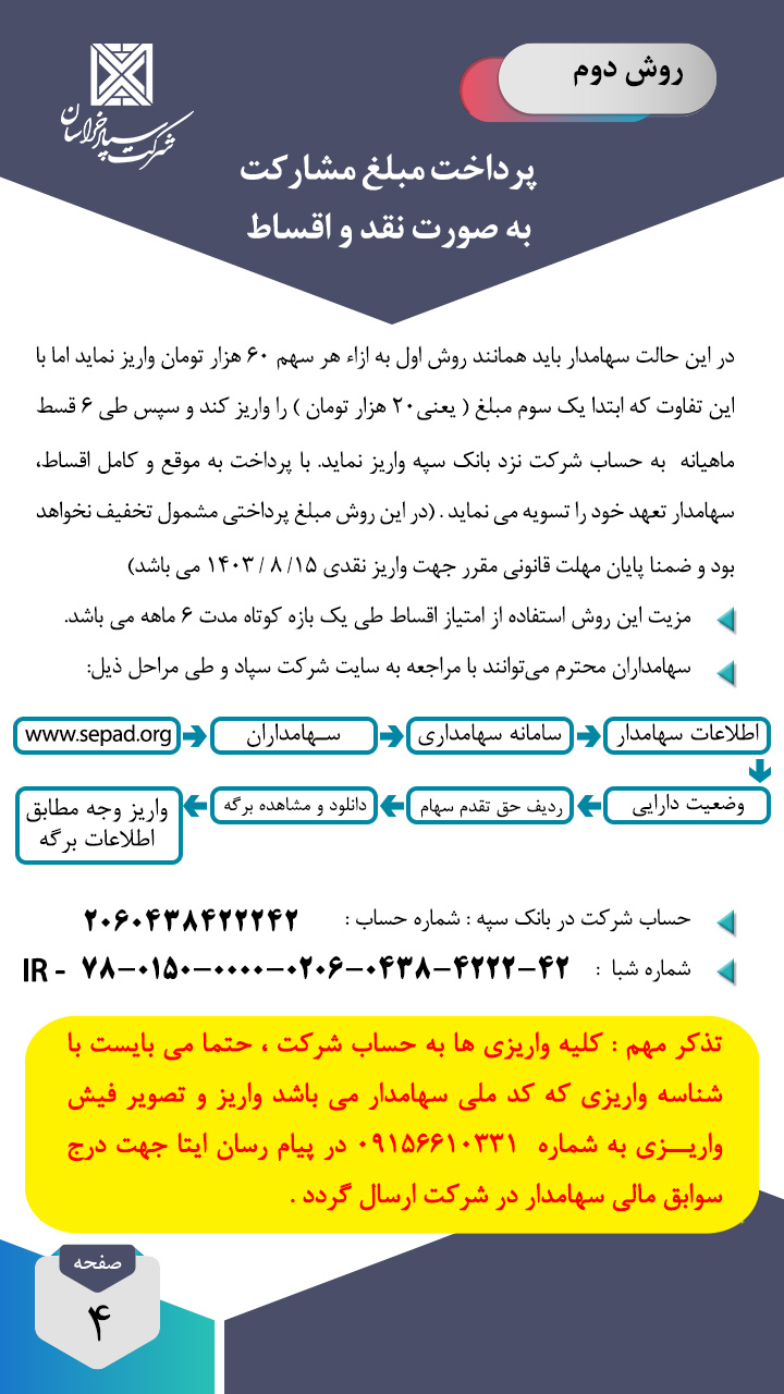 4 - دفترچه راهنمای مشارکت سهامداران در گام دوم افزایش سرمایه شرکت سپاد خراسان